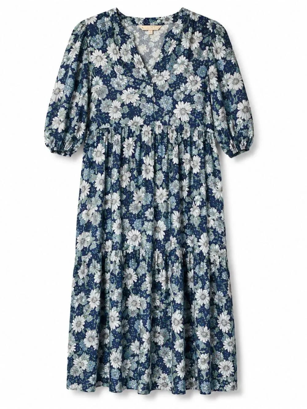 Paul & Joe x Uniqlo Navy Blue Floral Button-Down Puff Sleeve Tiered Dress